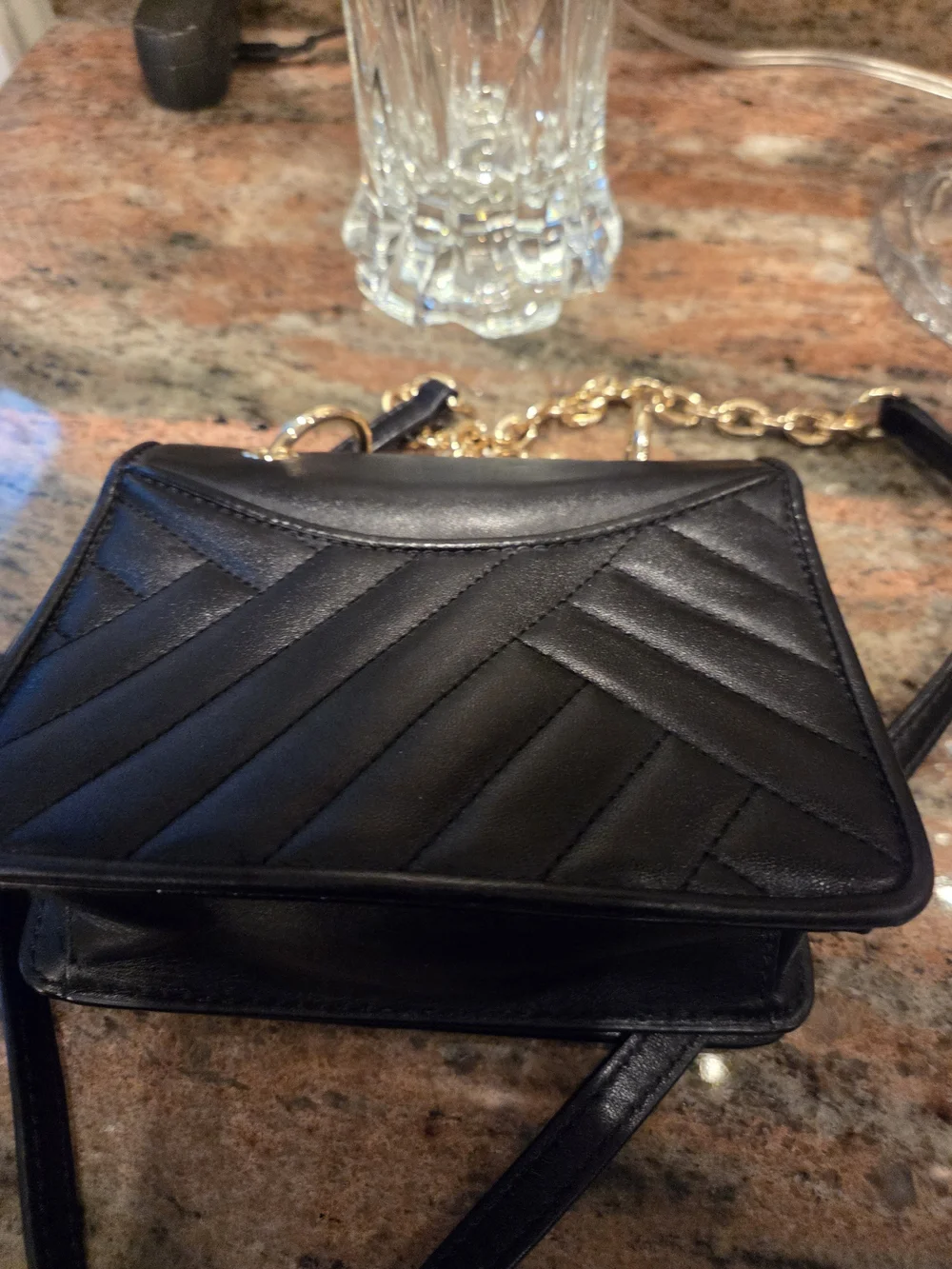 Tory Burch Black Quilted Leather Crossbody with Gold Chain